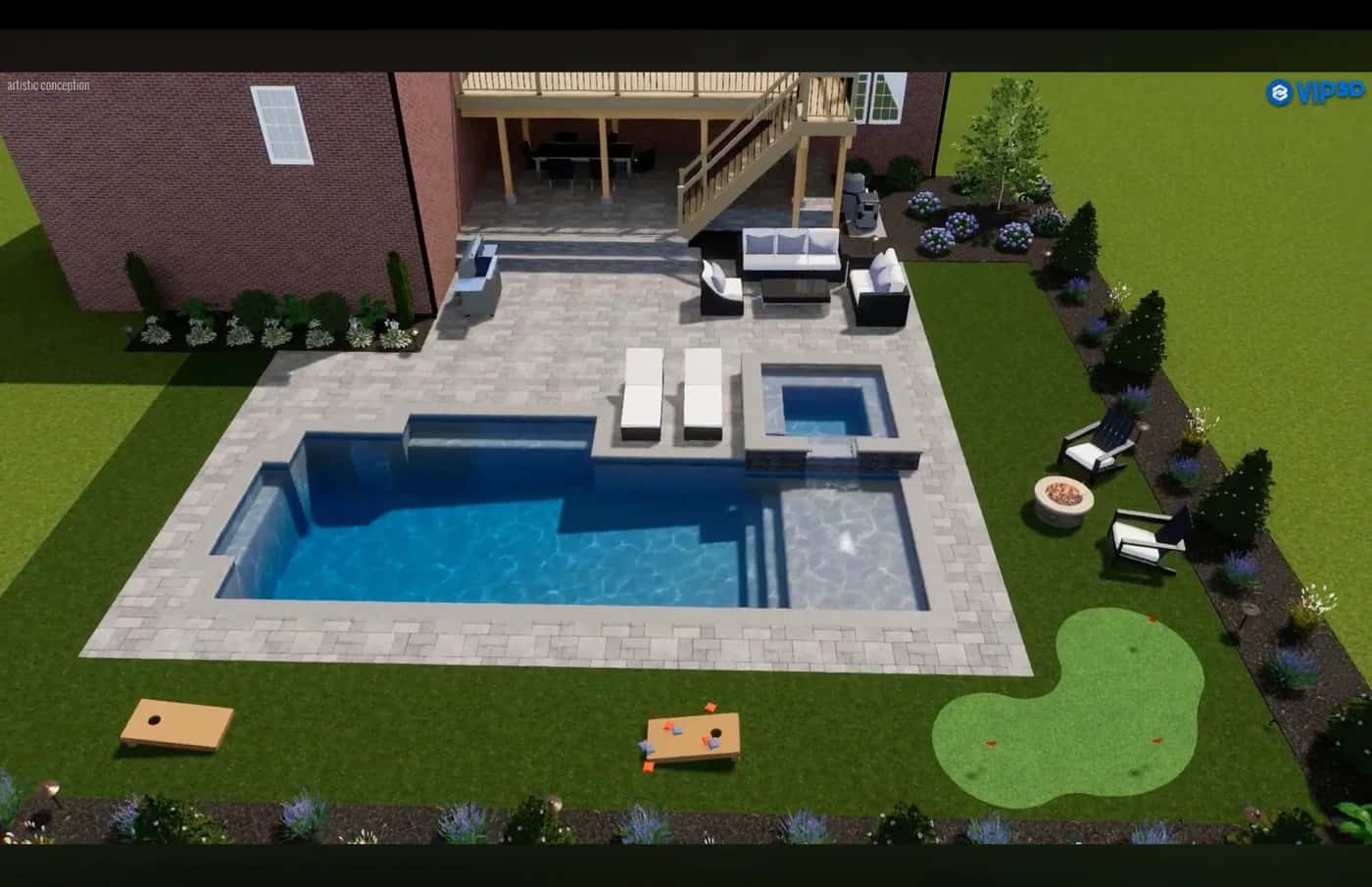A design rendering shows a pool, spa, deck and putting green beside a house.