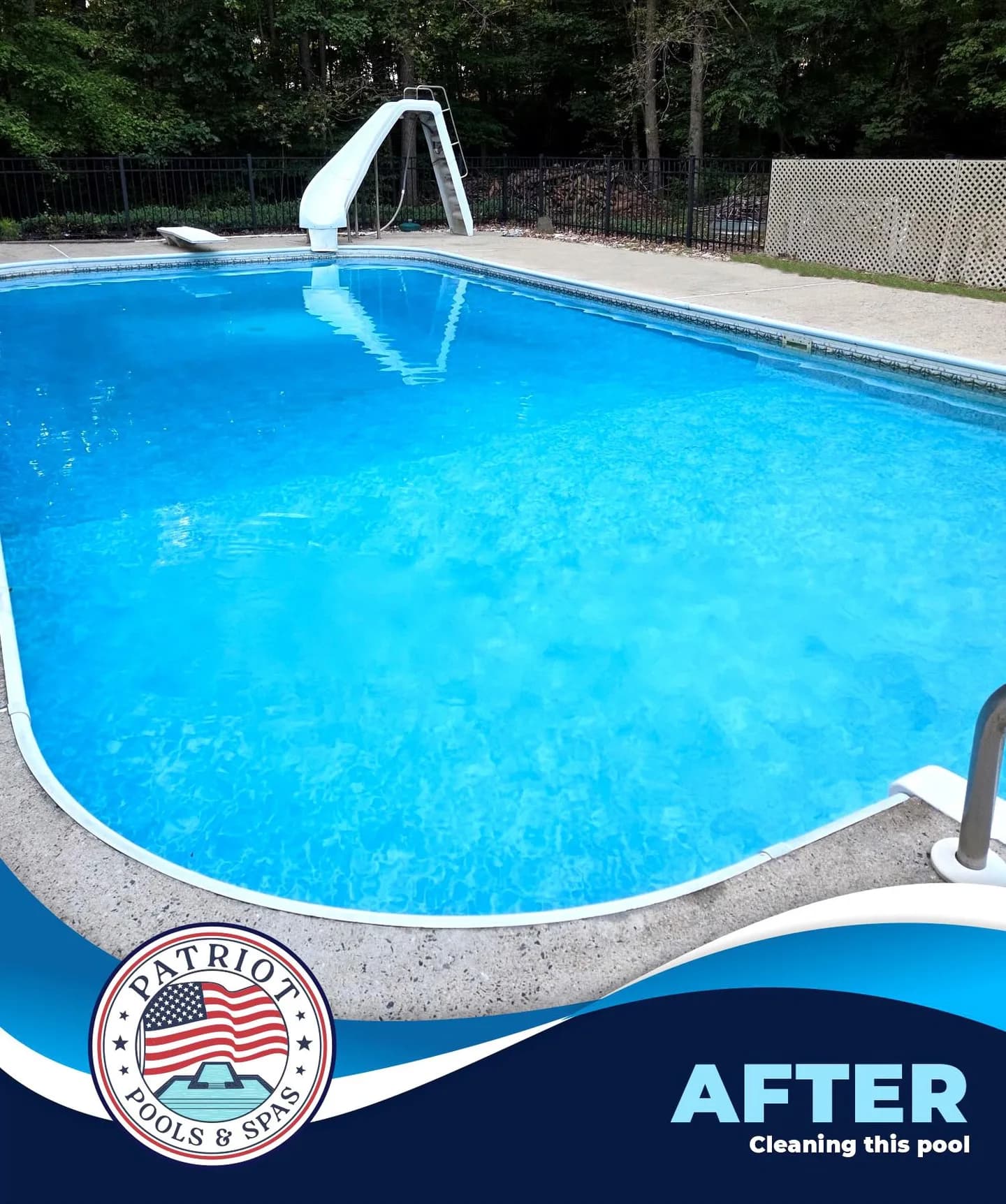 Patriot’s photograph labeled After shows clearer-looking blue pool water beneath a slide
