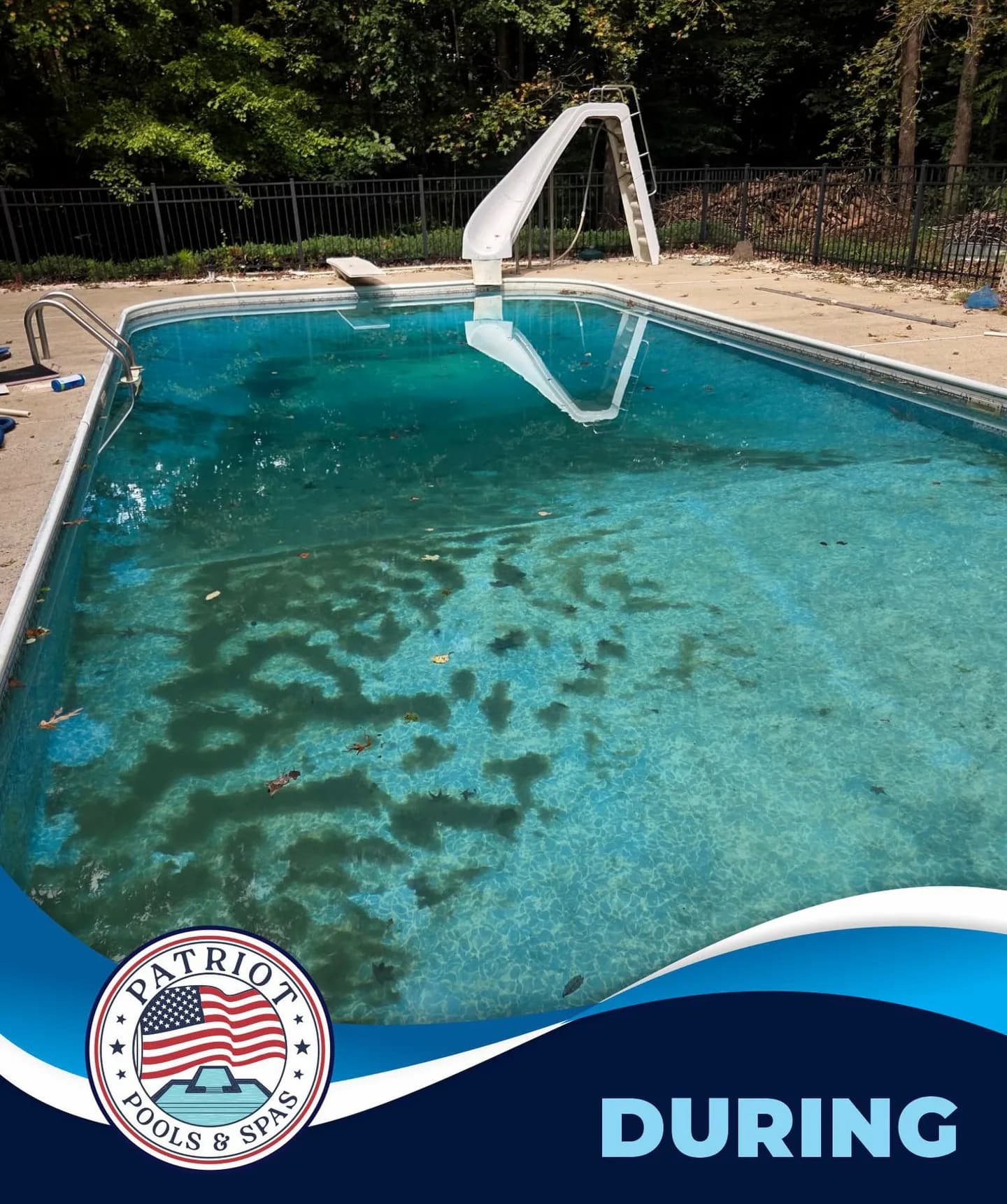 Patriot’s photograph labeled During shows lighter water with debris still visible on the pool floor