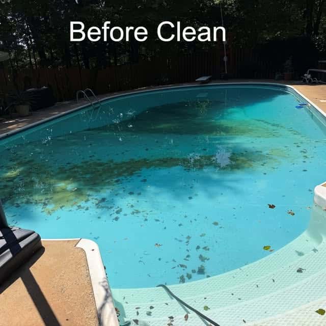 A pool with visible debris and discolored water is labeled “Before Clean” in the original social photograph.
